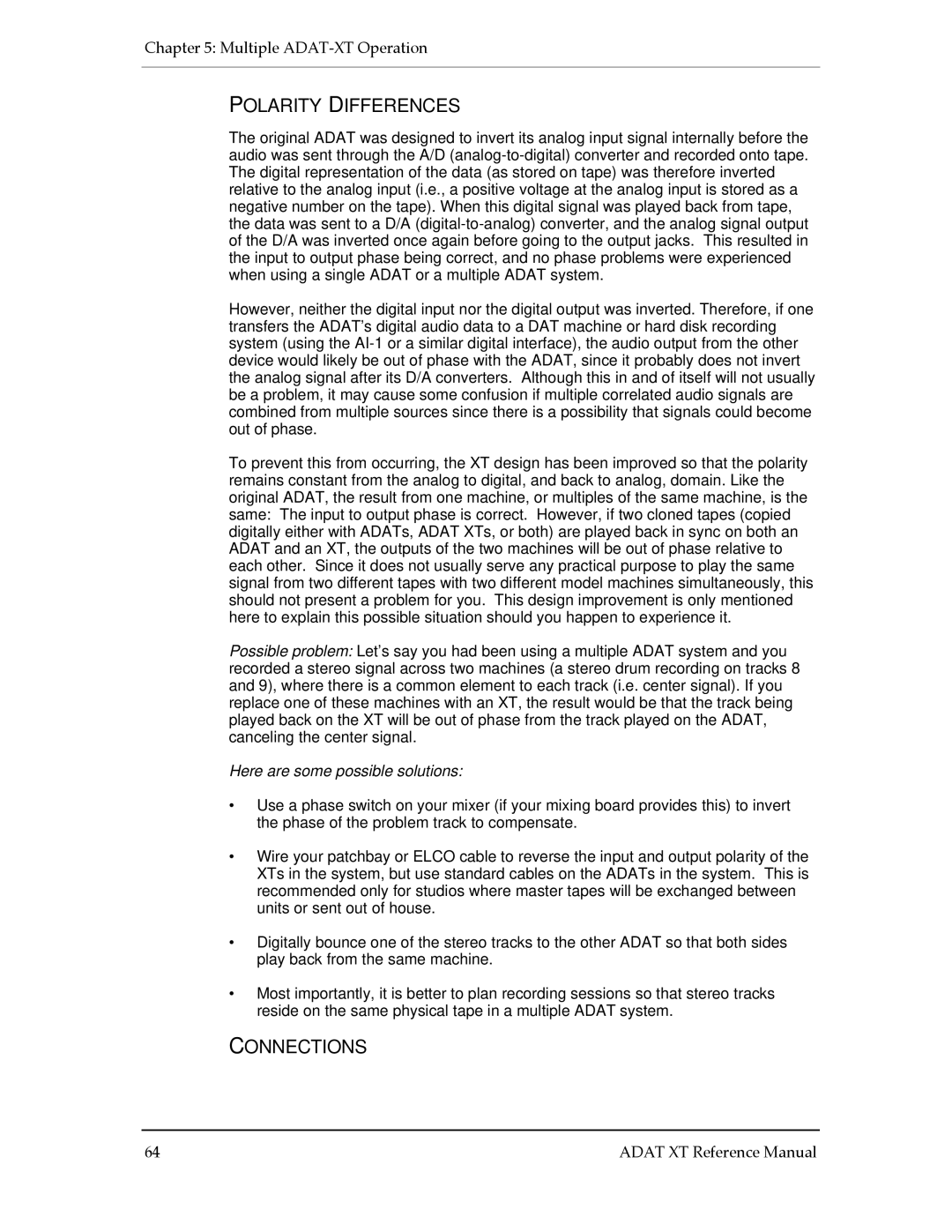 Alesis ADAT-XT manual Polarity Differences, Connections, Here are some possible solutions 