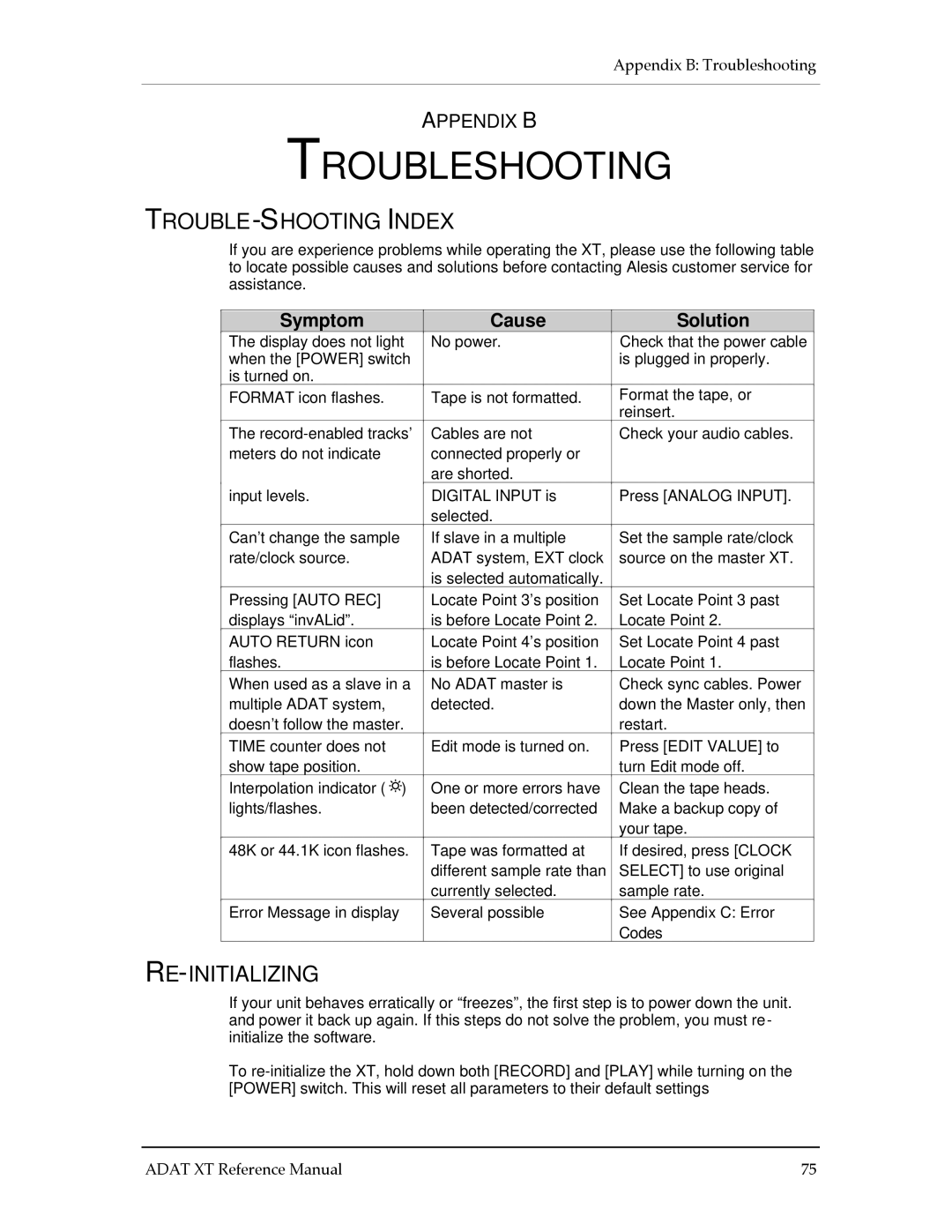 Alesis ADAT-XT manual Troubleshooting, TROUBLE-SHOOTING Index, Re-Initializing, Appendix B 