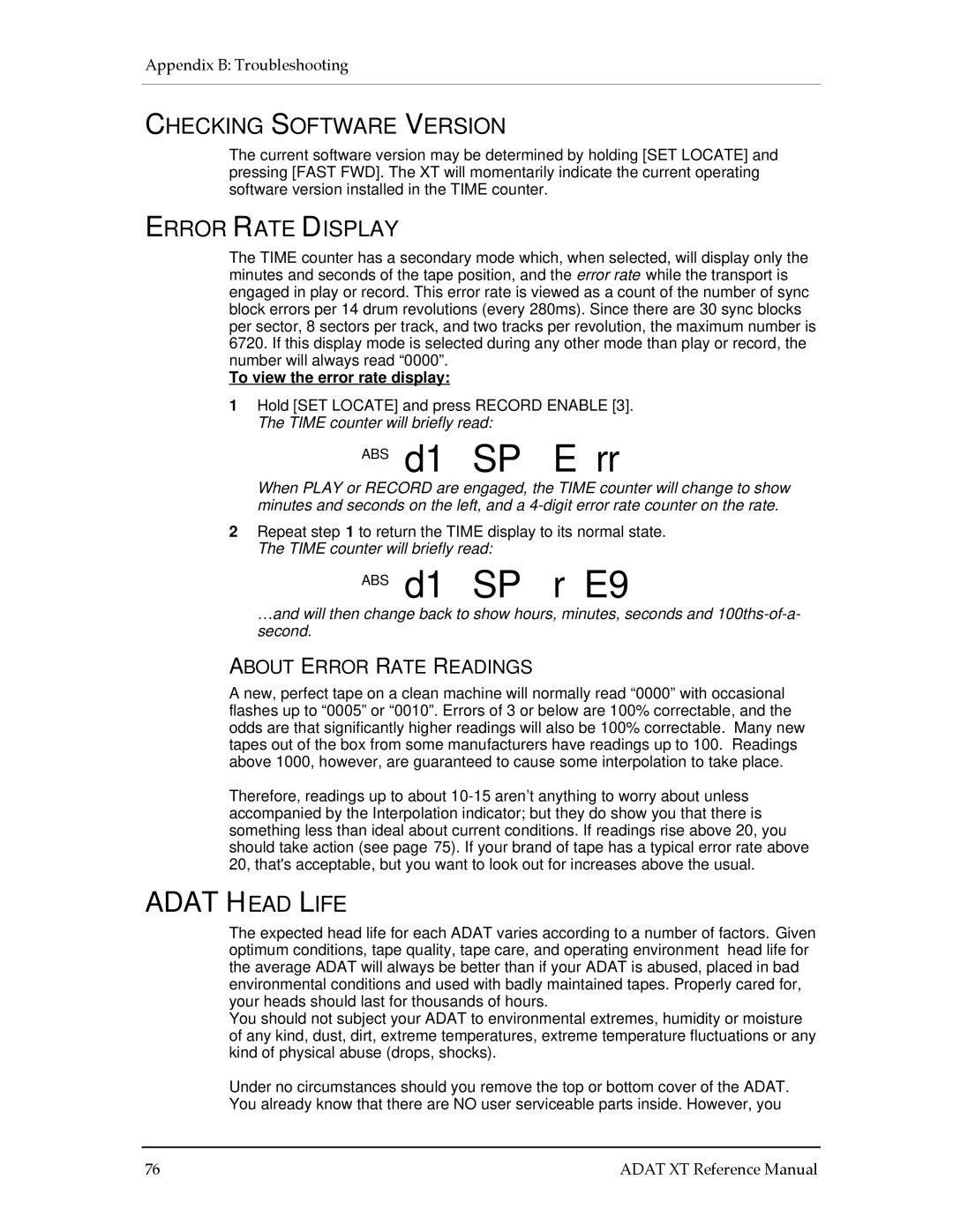 Alesis ADAT-XT ABS d1 SP E rr, ABS d1 SP r E9, Checking Software Version, Error Rate Display, About Error Rate Readings 