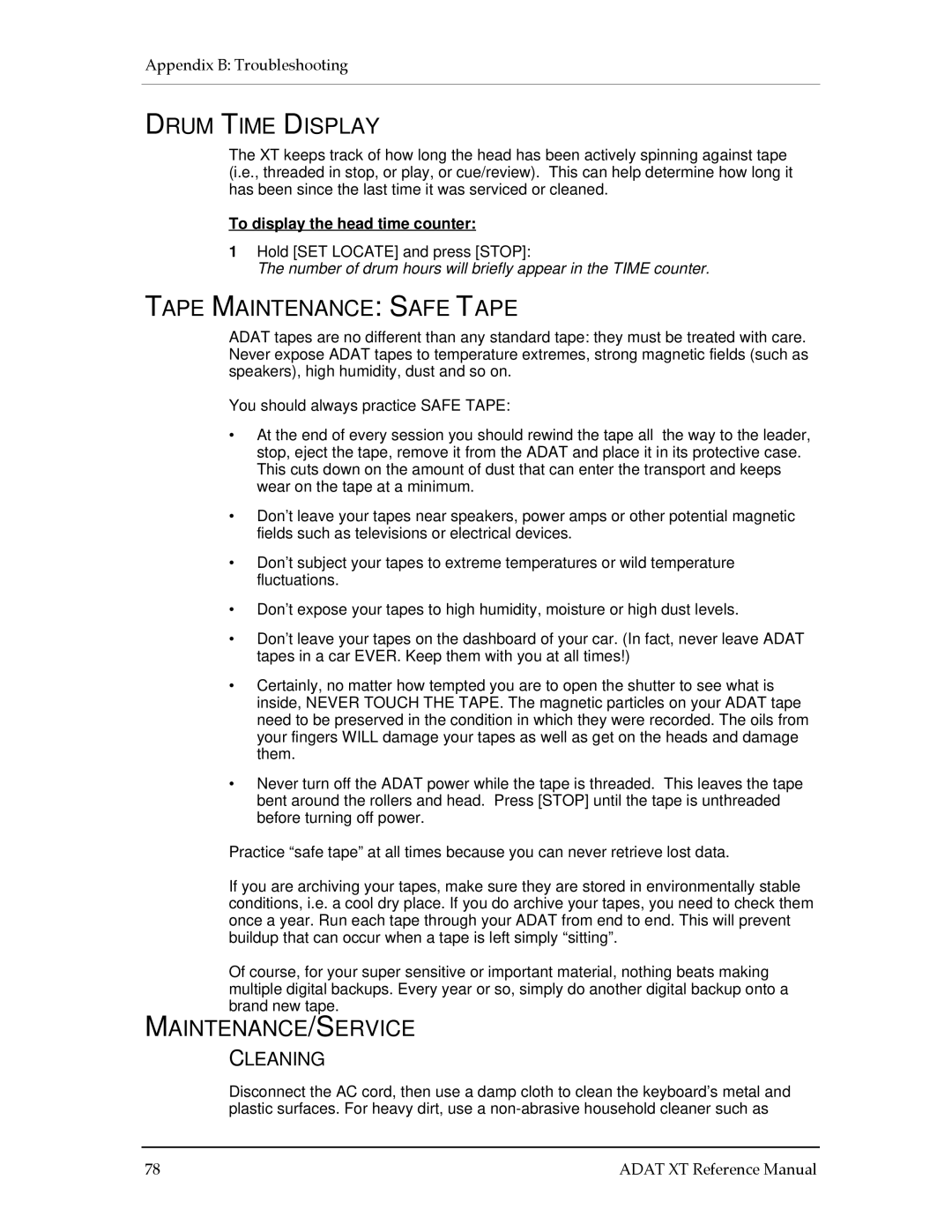 Alesis ADAT-XT manual Drum Time Display, Tape Maintenance Safe Tape, Maintenance/Service, Cleaning 