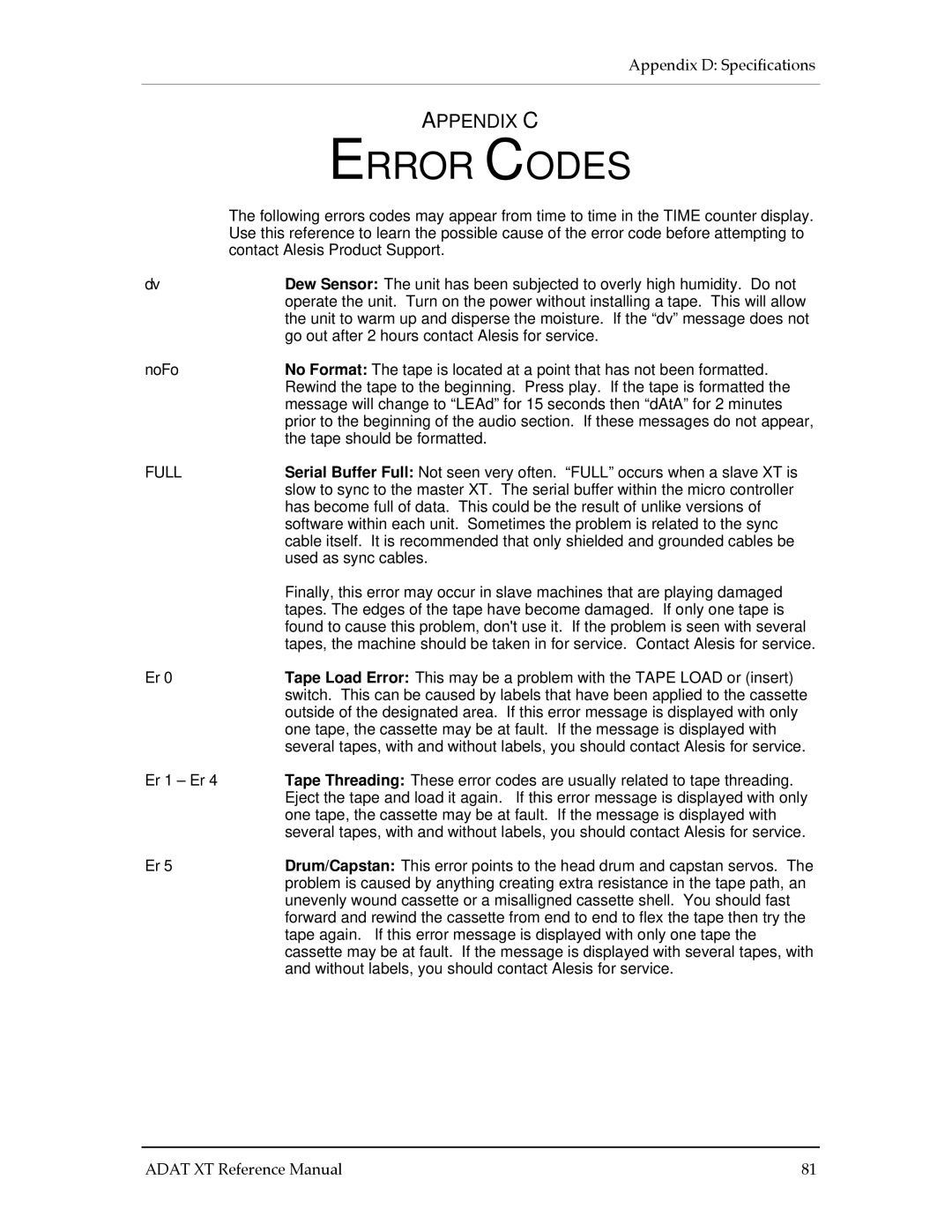 Alesis ADAT-XT manual Error Codes, Appendix C 