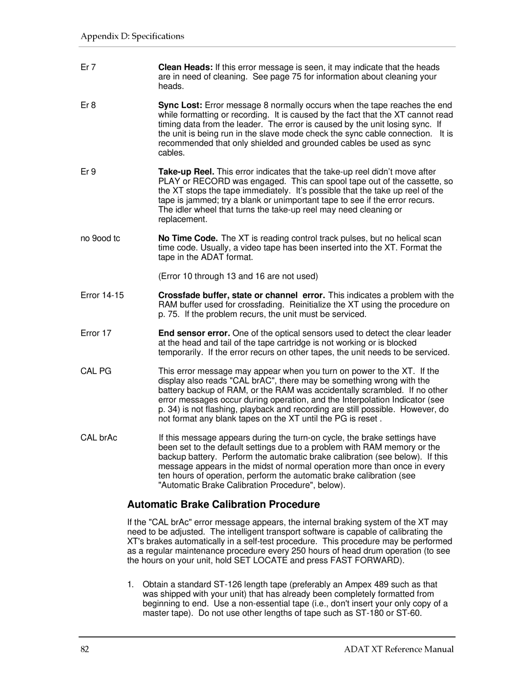 Alesis ADAT-XT manual Automatic Brake Calibration Procedure 