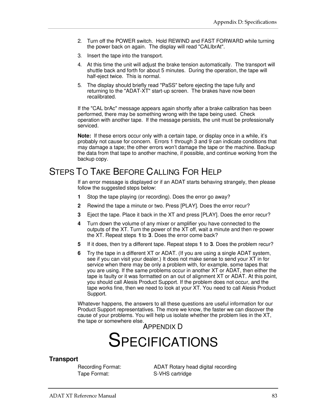 Alesis ADAT-XT manual Specifications, Steps to Take Before Calling for Help, Appendix D 