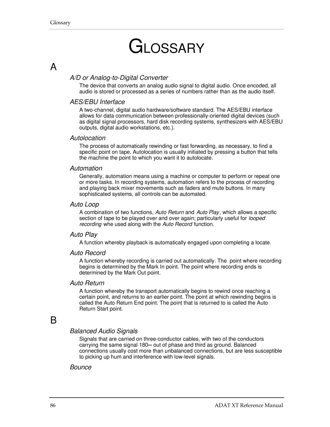 Alesis ADAT-XT manual Glossary, Or Analog-to-Digital Converter 