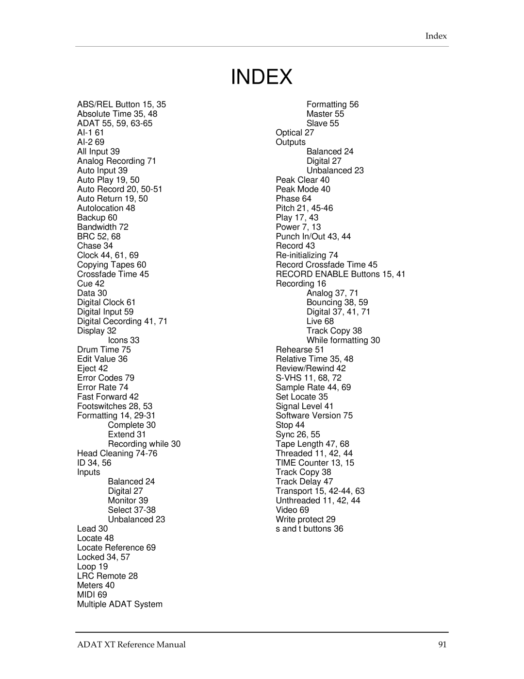 Alesis ADAT-XT manual Index 