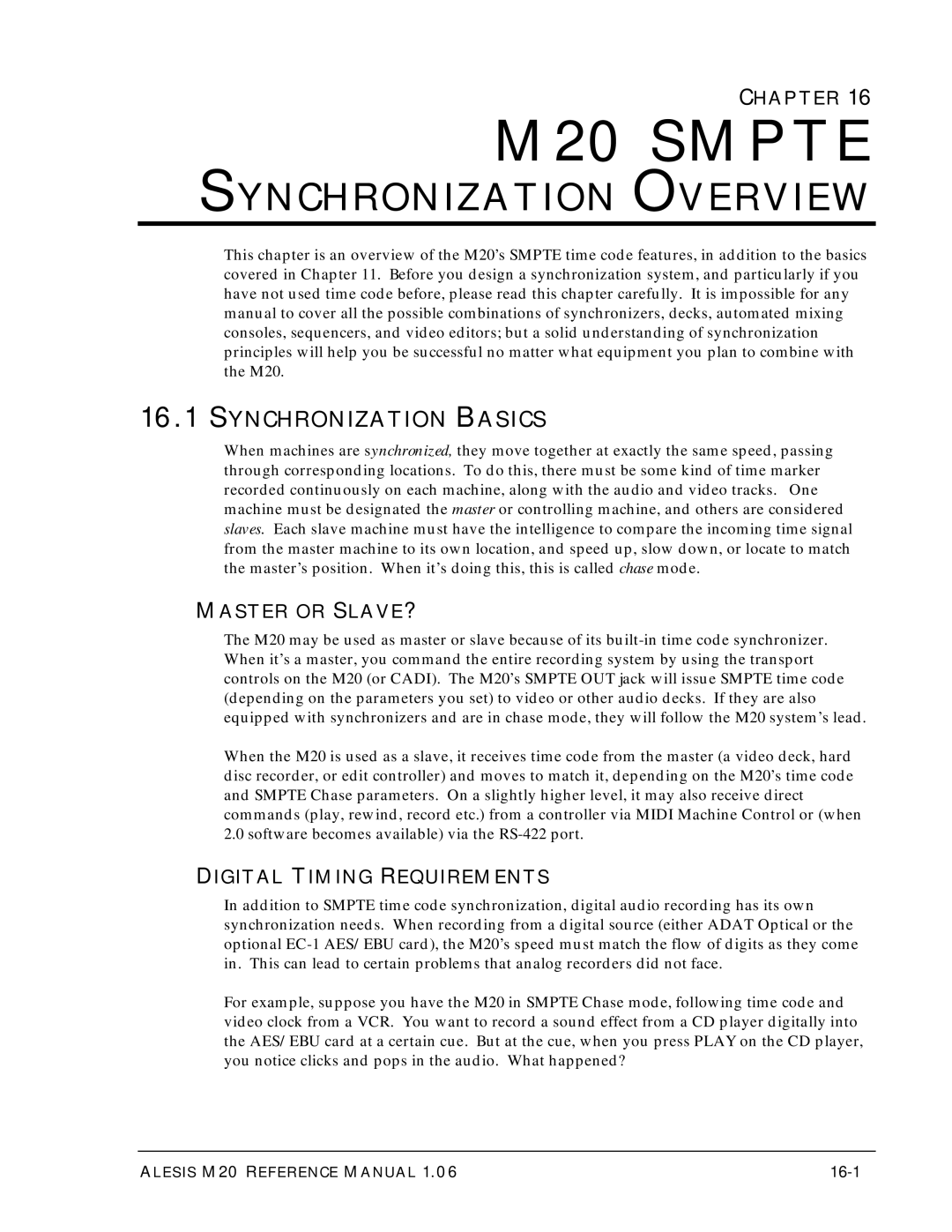 Alesis ALESIS M20 Synchronization Overview, Synchronization Basics, Chapter, Master or SLAVE?, Digital Timing Requirements 