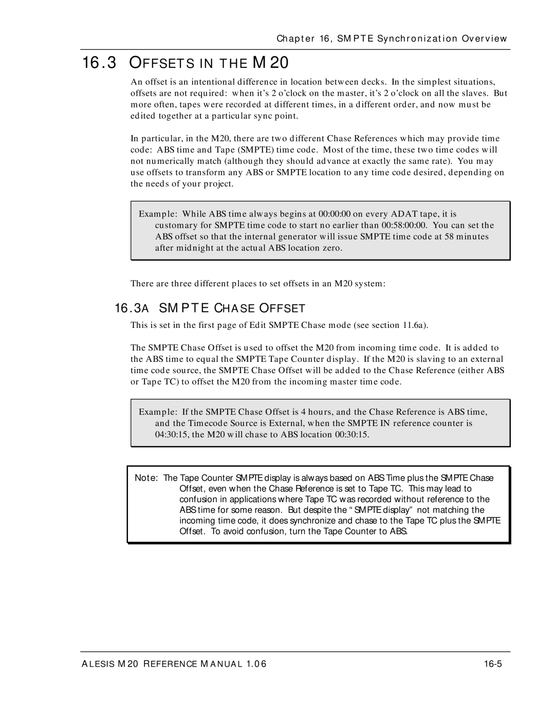 Alesis ALESIS M20 owner manual Offsets in the M20, 16.3A Smpte Chase Offset, 16-5 