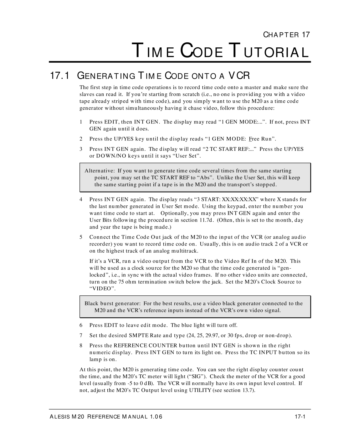 Alesis ALESIS M20 owner manual Time Code Tutorial, Generating Time Code Onto a VCR, 17-1 