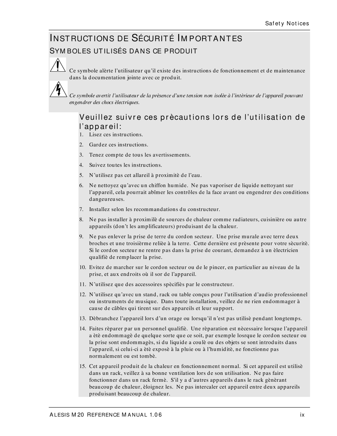 Alesis ALESIS M20 owner manual Instructions DE Sécurité Importantes, Symboles Utilisés Dans CE Produit, Safety Notices 