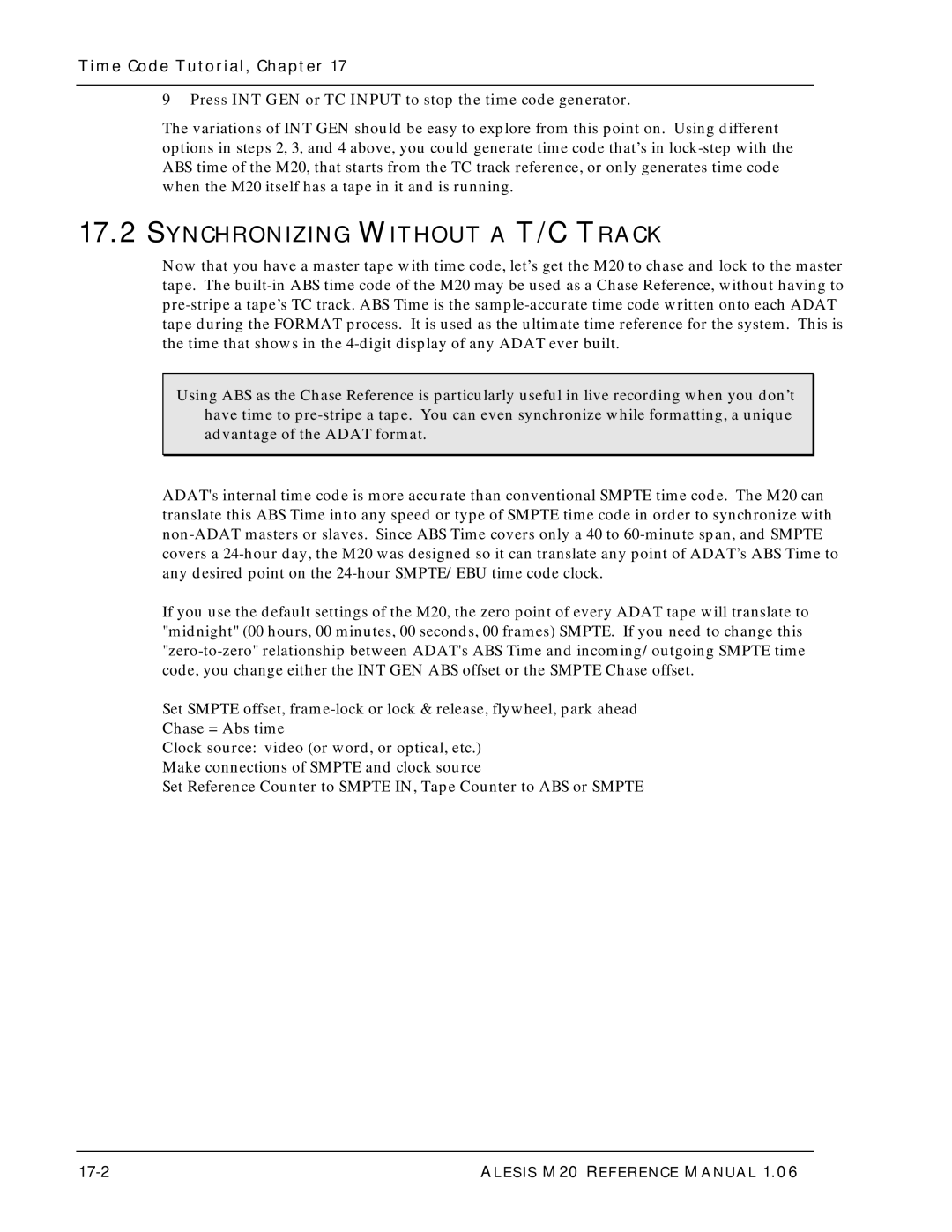 Alesis ALESIS M20 owner manual Synchronizing Without a T/C Track, Time Code Tutorial, Chapter, 17-2 