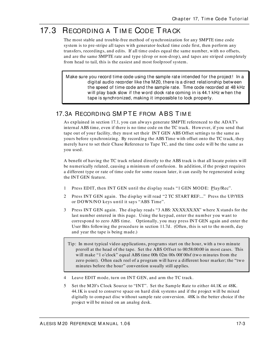 Alesis ALESIS M20 owner manual Recording a Time Code Track, 17.3A Recording Smpte from ABS Time, 17-3 