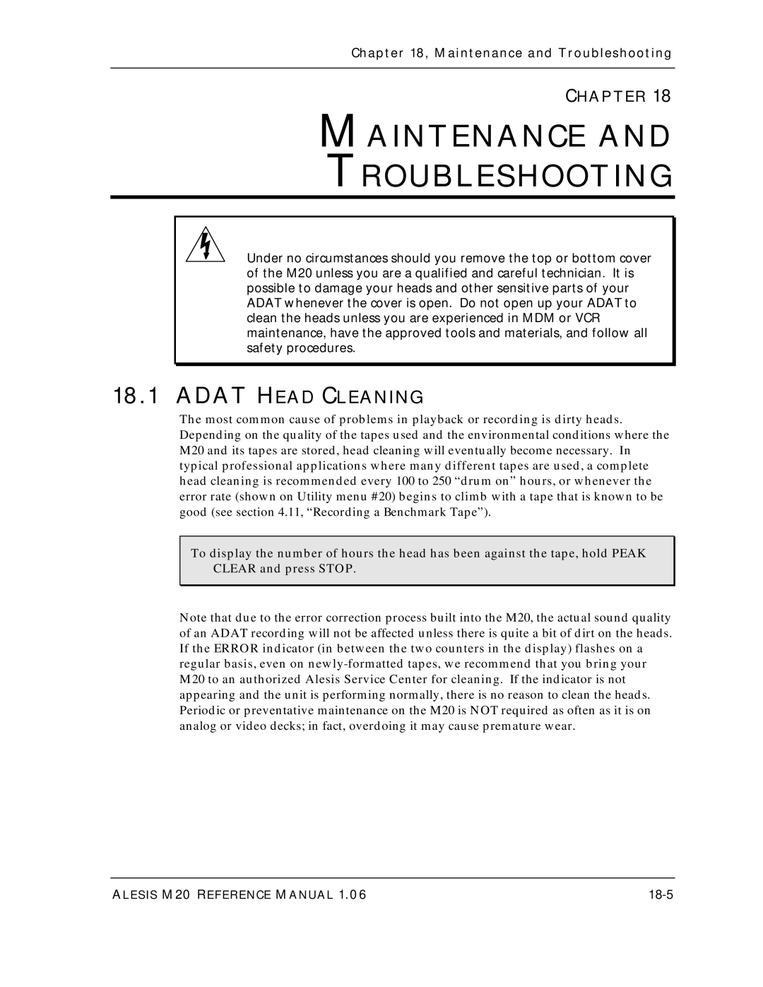 Alesis ALESIS M20 owner manual Maintenance Troubleshooting, Adat Head Cleaning, 18-5 