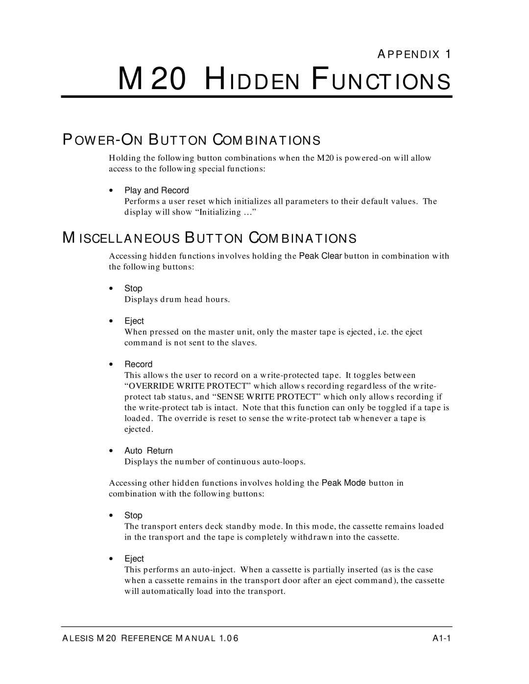 Alesis ALESIS M20 M20 Hidden Functions, POWER-ON Button Combinations, Miscellaneous Button Combinations, Appendix 