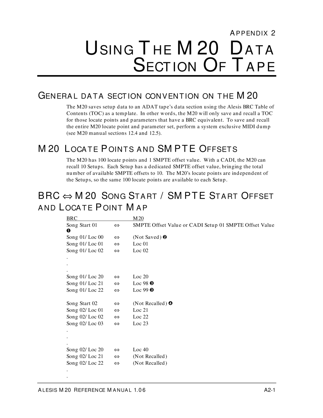 Alesis ALESIS M20 Using the M20 Data Section of Tape, BRC ⇔ M20 Song Start / Smpte Start Offset, Locate Point MAP 