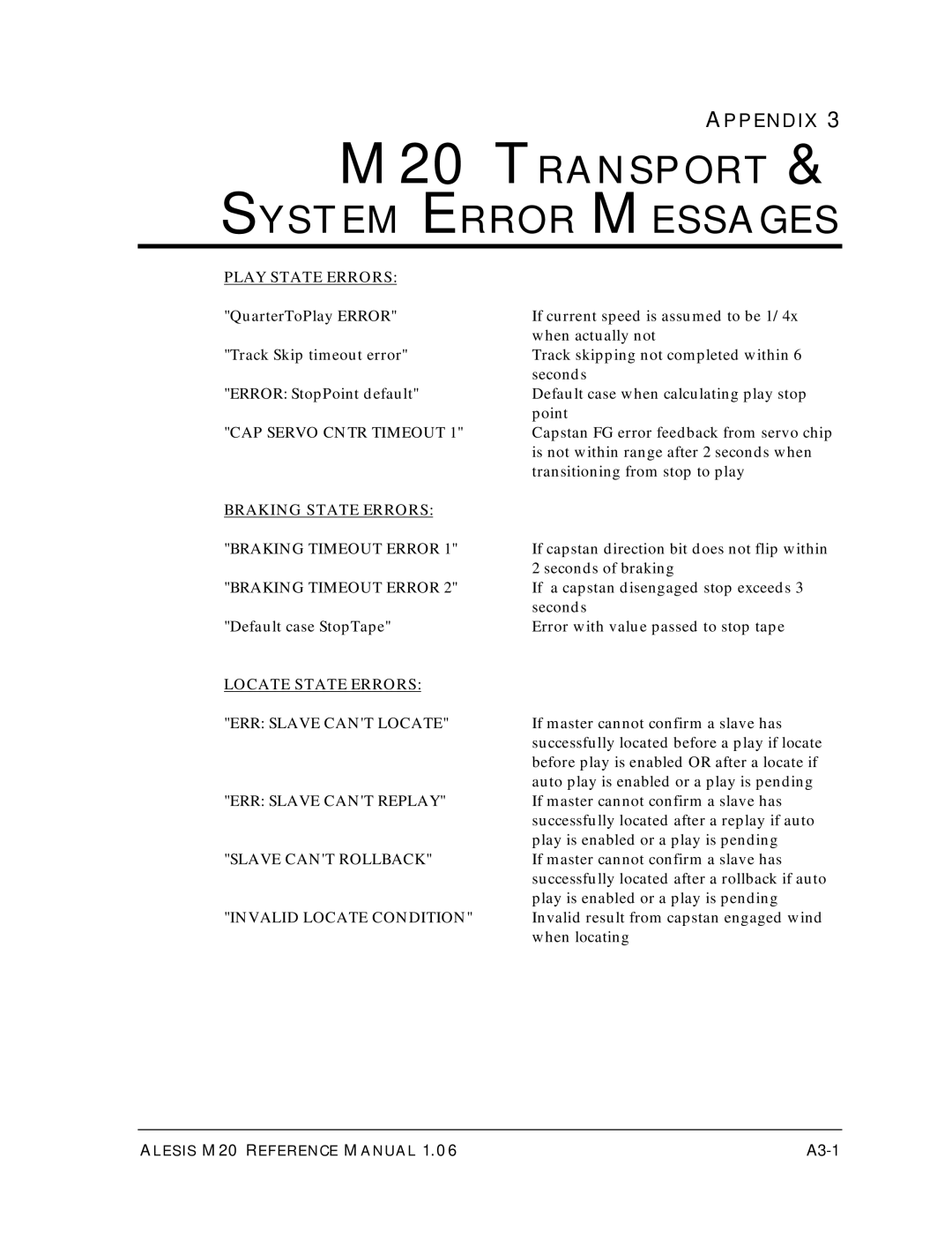 Alesis ALESIS M20 owner manual M20 Transport System Error Messages, A3-1 