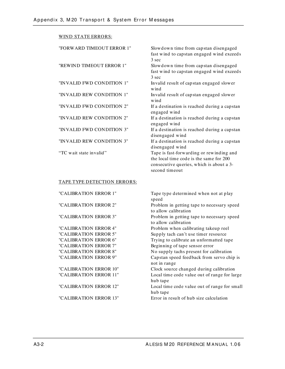 Alesis ALESIS M20 owner manual Appendix 3, M20 Transport & System Error Messages, A3-2 