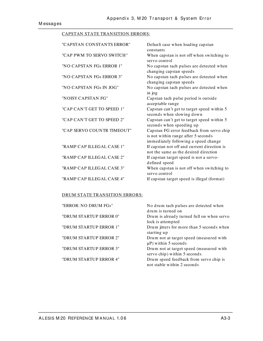 Alesis ALESIS M20 owner manual Capstan State Transition Errors, A3-3 