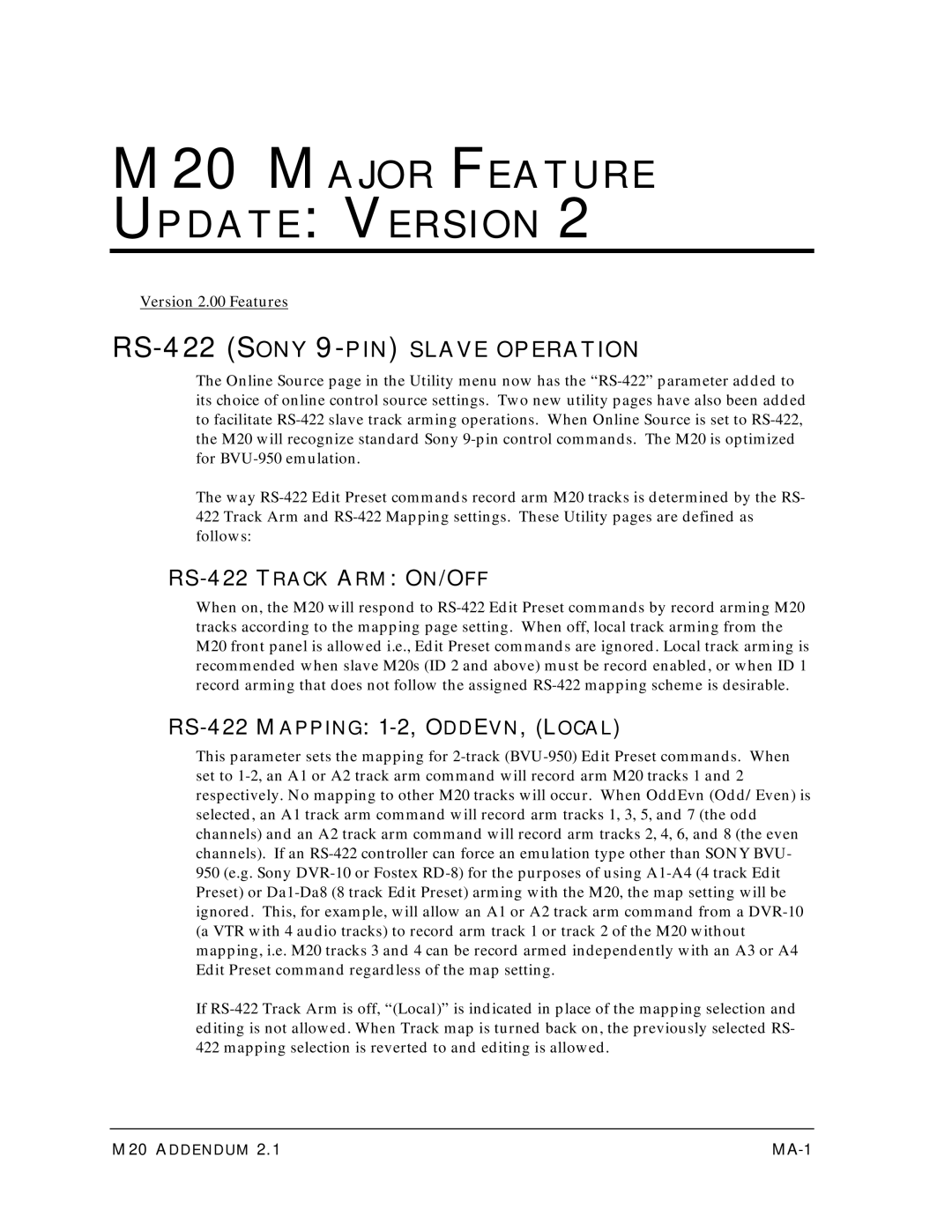 Alesis ALESIS M20 M20 Major Feature Update Version, RS-422 Sony 9-PINSLAVE Operation, RS-422 Track ARM ON/OFF, MA-1 