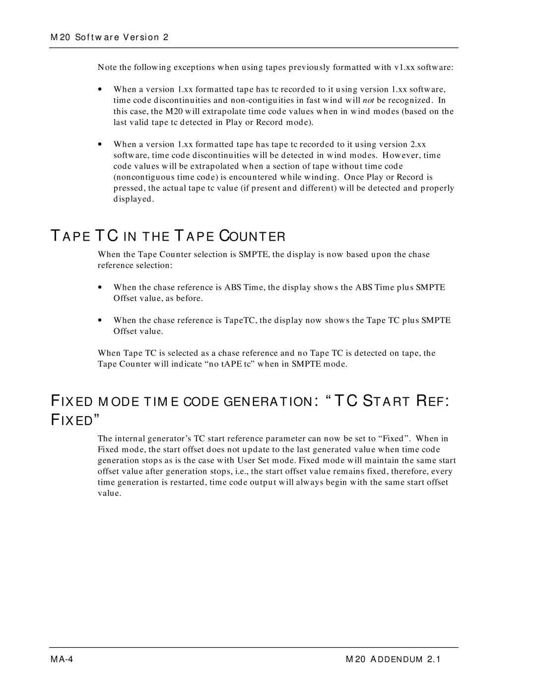 Alesis ALESIS M20 owner manual Tape TC in the Tape Counter, Fixed Mode Time Code Generation TC Start REF, MA-4 