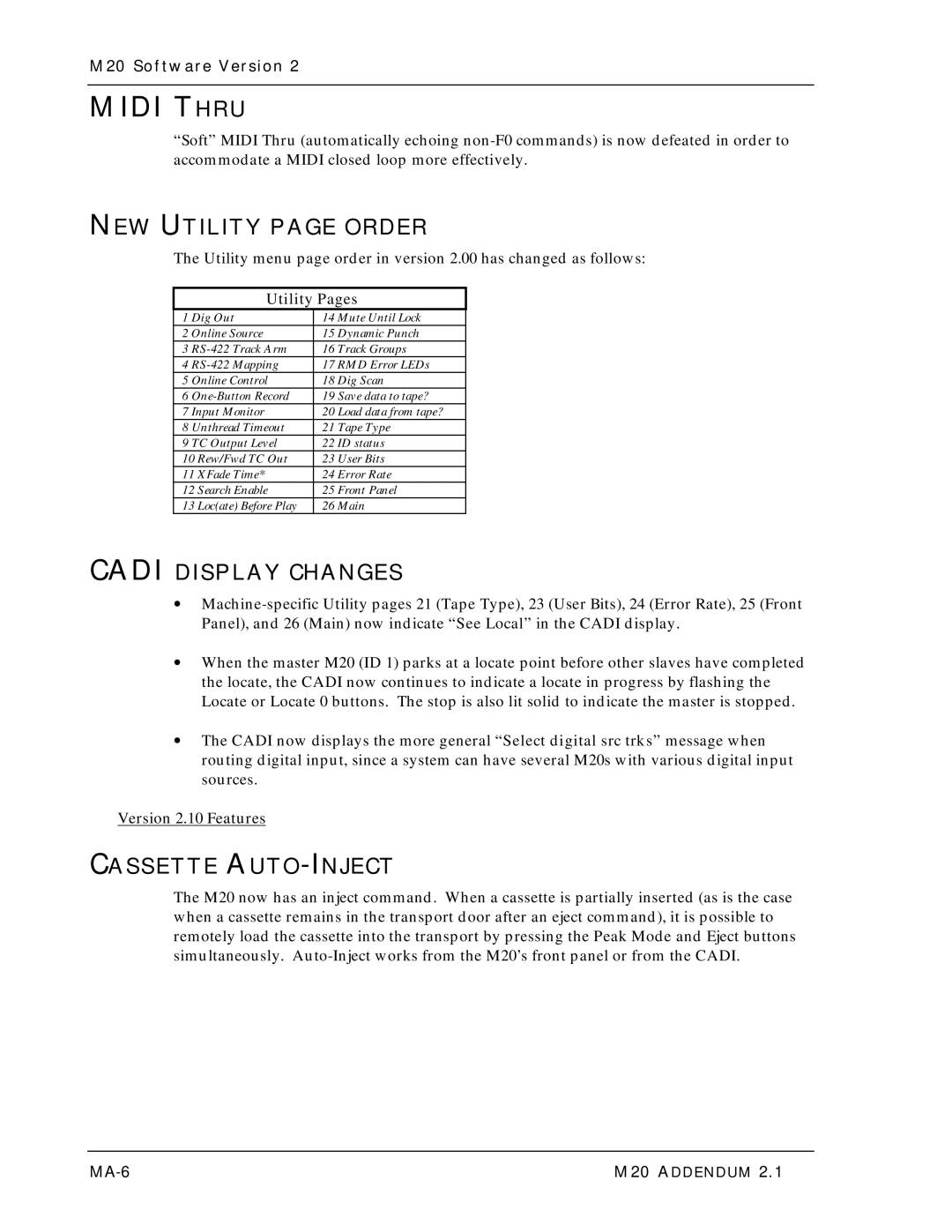 Alesis ALESIS M20 owner manual Midi Thru, NEW Utility page Order, Cadi Display Changes, Cassette AUTO-INJECT, Utility Pages 