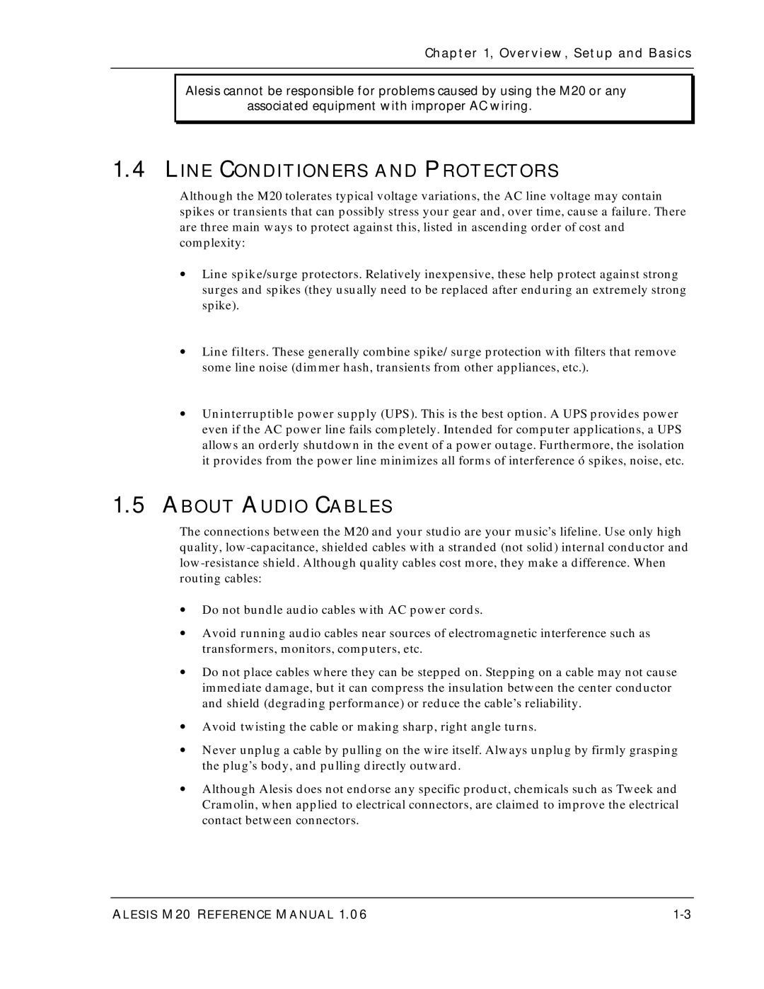 Alesis ALESIS M20 owner manual Line Conditioners and Protectors, About Audio Cables 