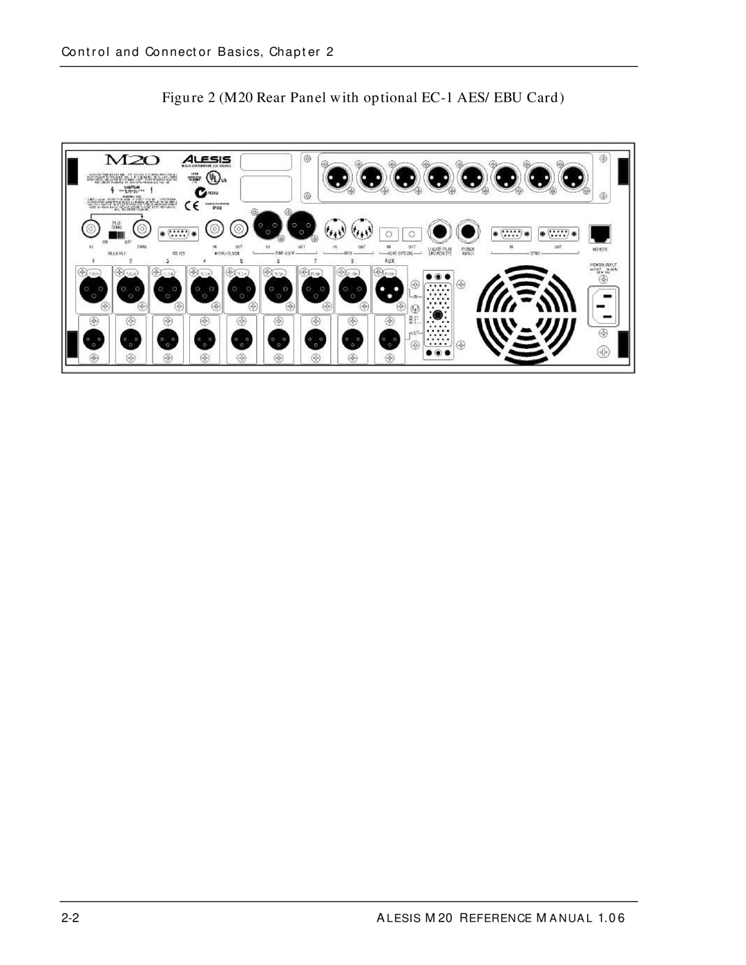 Alesis ALESIS M20 owner manual M20 Rear Panel with optional EC-1 AES/EBU Card, Control and Connector Basics, Chapter 