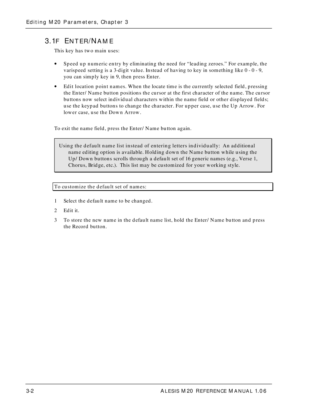 Alesis ALESIS M20 owner manual 1F ENTER/NAME, Editing M20 Parameters, Chapter, To customize the default set of names 