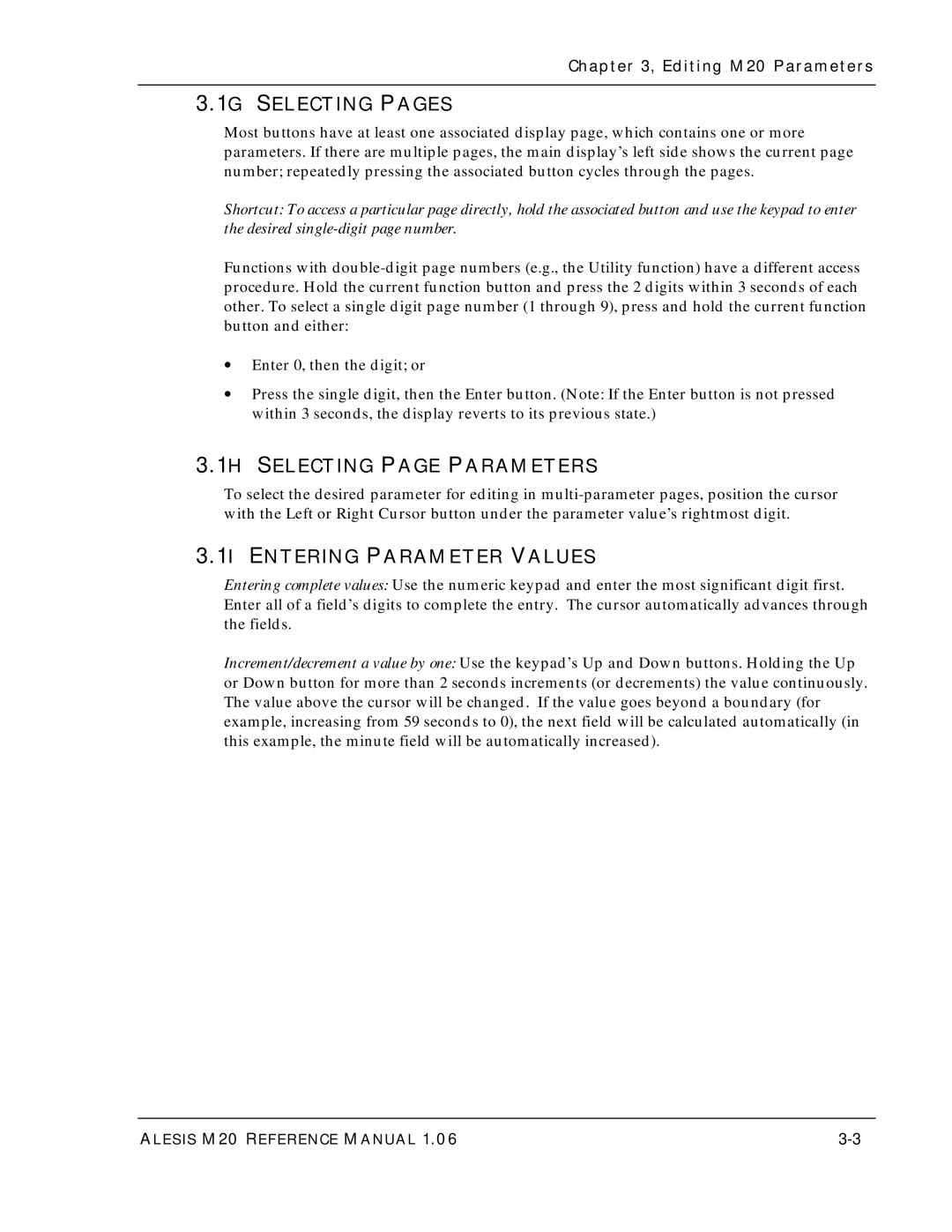 Alesis ALESIS M20 1G Selecting Pages, 1H Selecting page Parameters, 1I Entering Parameter Values, Editing M20 Parameters 