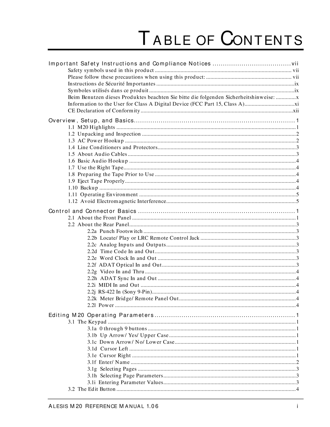 Alesis ALESIS M20 owner manual Table of Contents 