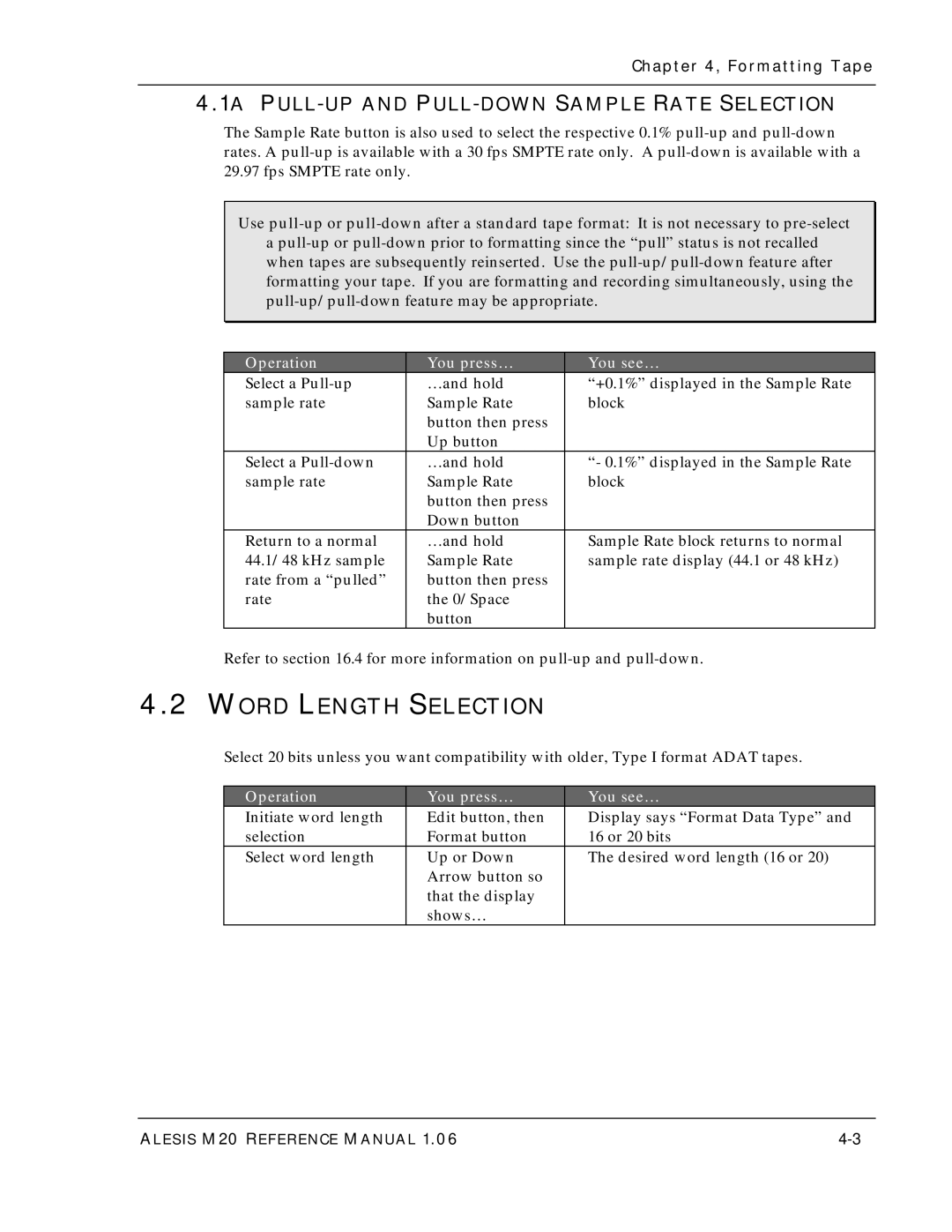 Alesis ALESIS M20 owner manual Word Length Selection, 1A PULL-UP and PULL-DOWN Sample Rate Selection, Formatting Tape 