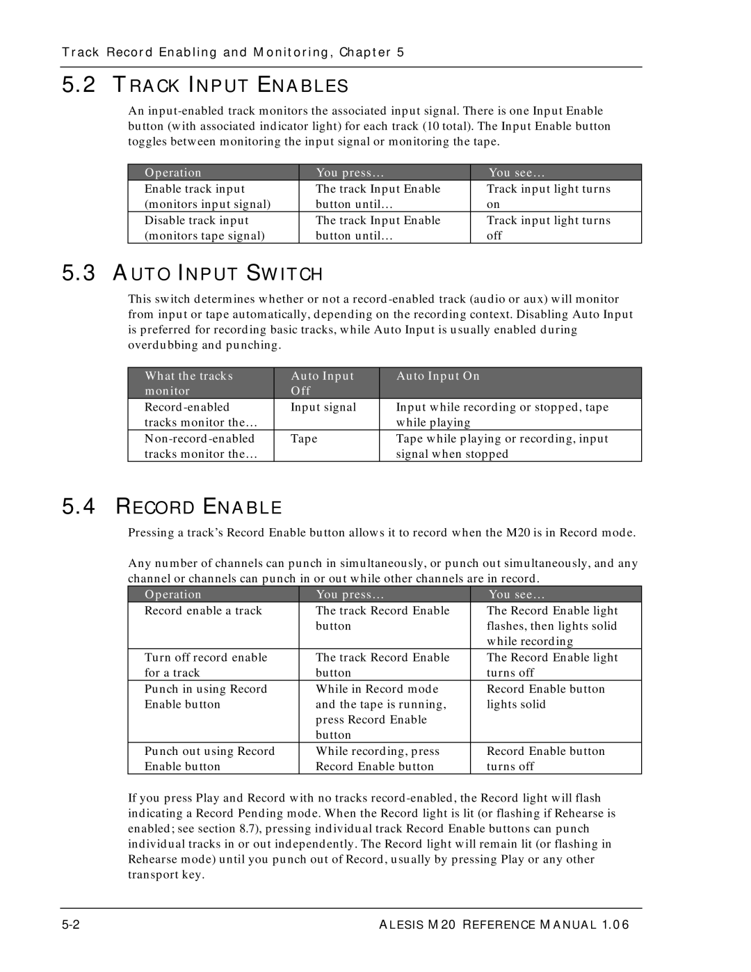 Alesis ALESIS M20 Track Input Enables, Auto Input Switch, Record Enable, Track Record Enabling and Monitoring, Chapter 