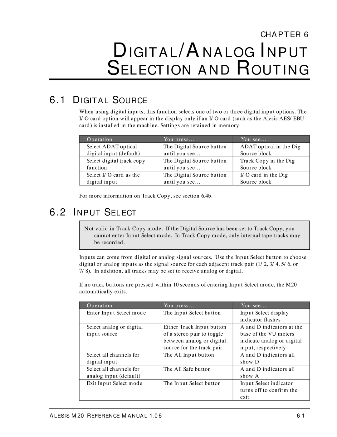 Alesis ALESIS M20 owner manual DIGITAL/ANALOG Input Selection and Routing, Digital Source 