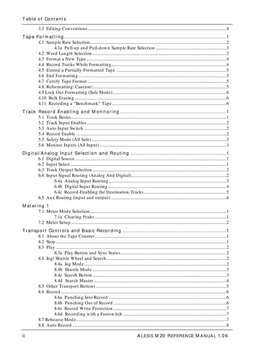 Alesis ALESIS M20 owner manual Table of Contents, Tape Formatting, Track Record Enabling and Monitoring, Metering 