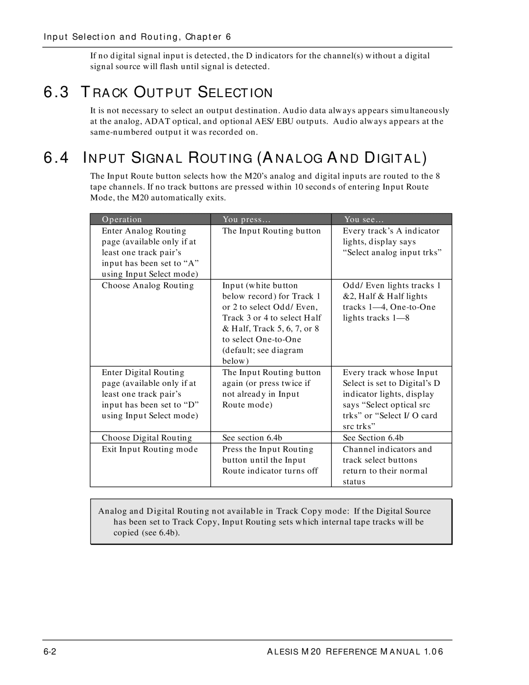 Alesis ALESIS M20 Track Output Selection, Input Signal Routing Analog and Digital, Input Selection and Routing, Chapter 
