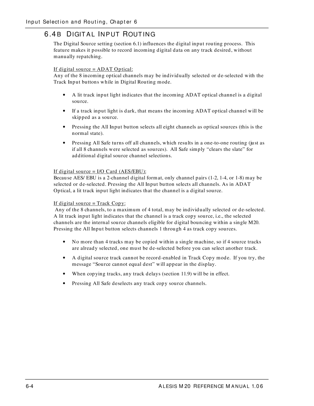 Alesis ALESIS M20 4B Digital Input Routing, If digital source = Adat Optical, If digital source = I/O Card AES/EBU 