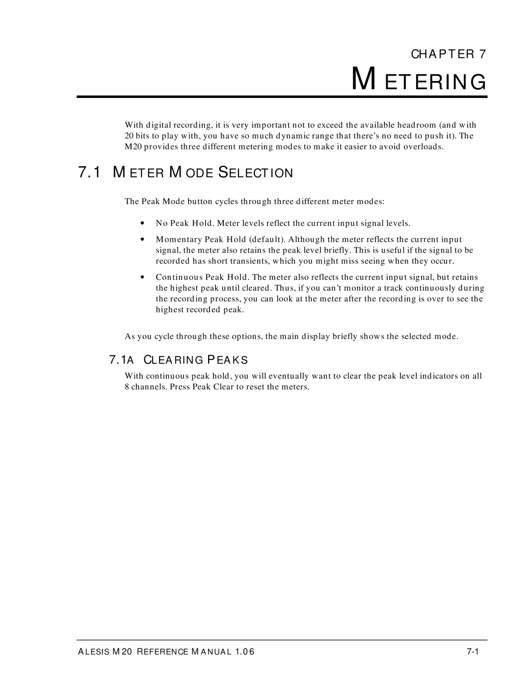 Alesis ALESIS M20 owner manual Metering, Meter Mode Selection, 1A Clearing Peaks 