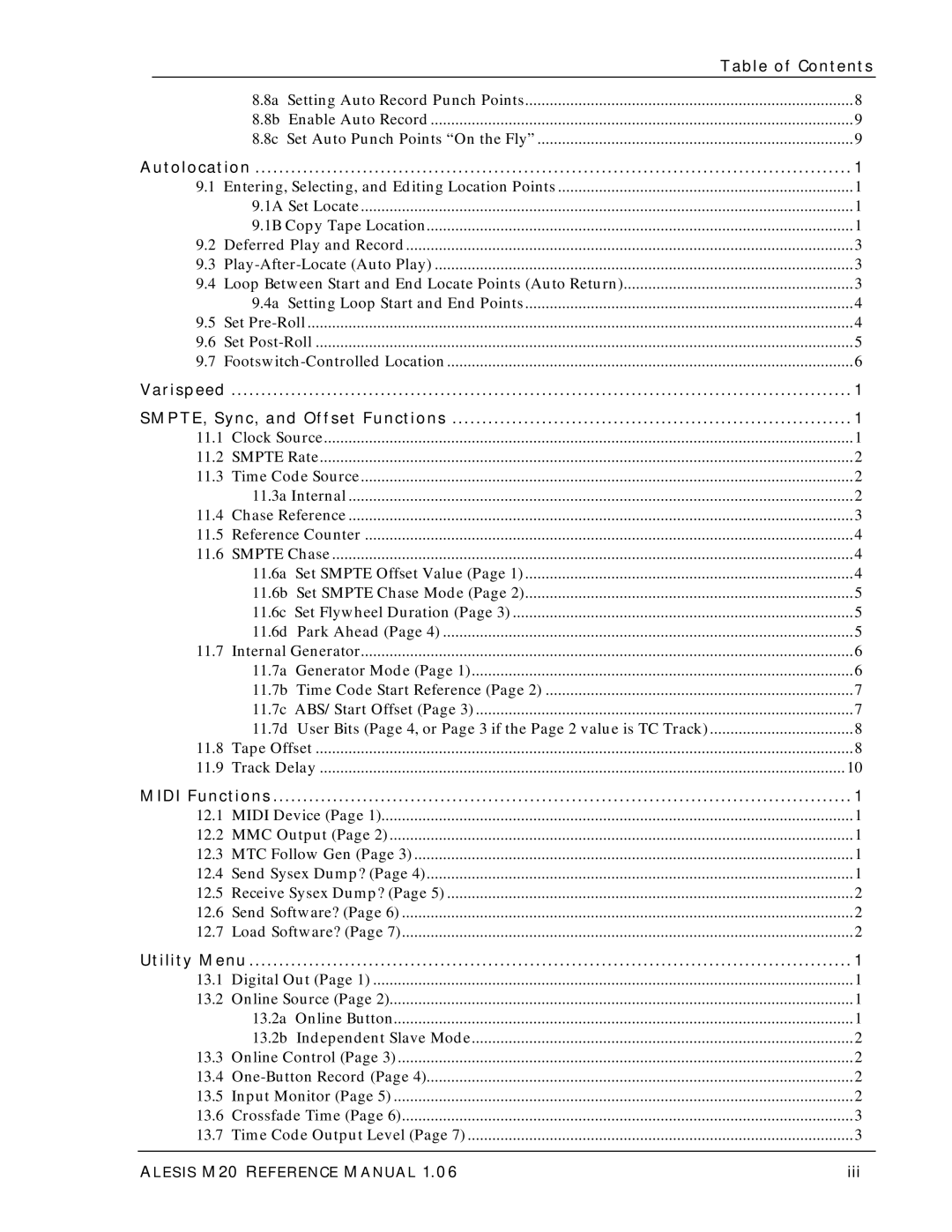 Alesis ALESIS M20 owner manual Autolocation, Varispeed SMPTE, Sync, and Offset Functions, Midi Functions, Utility Menu, Iii 
