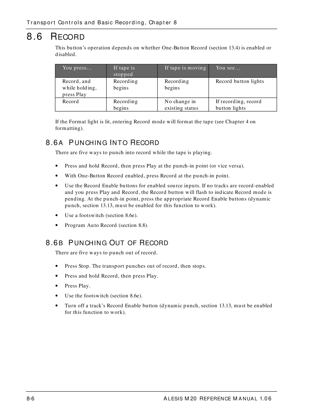 Alesis ALESIS M20 owner manual 6A Punching Into Record, 6B Punching OUT of Record 