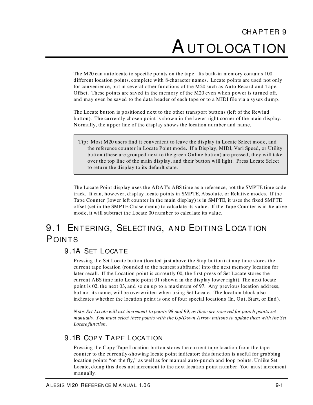 Alesis ALESIS M20 Autolocation, ENTERING, SELECTING, and Editing Location Points, 1A SET Locate, 1B Copy Tape Location 