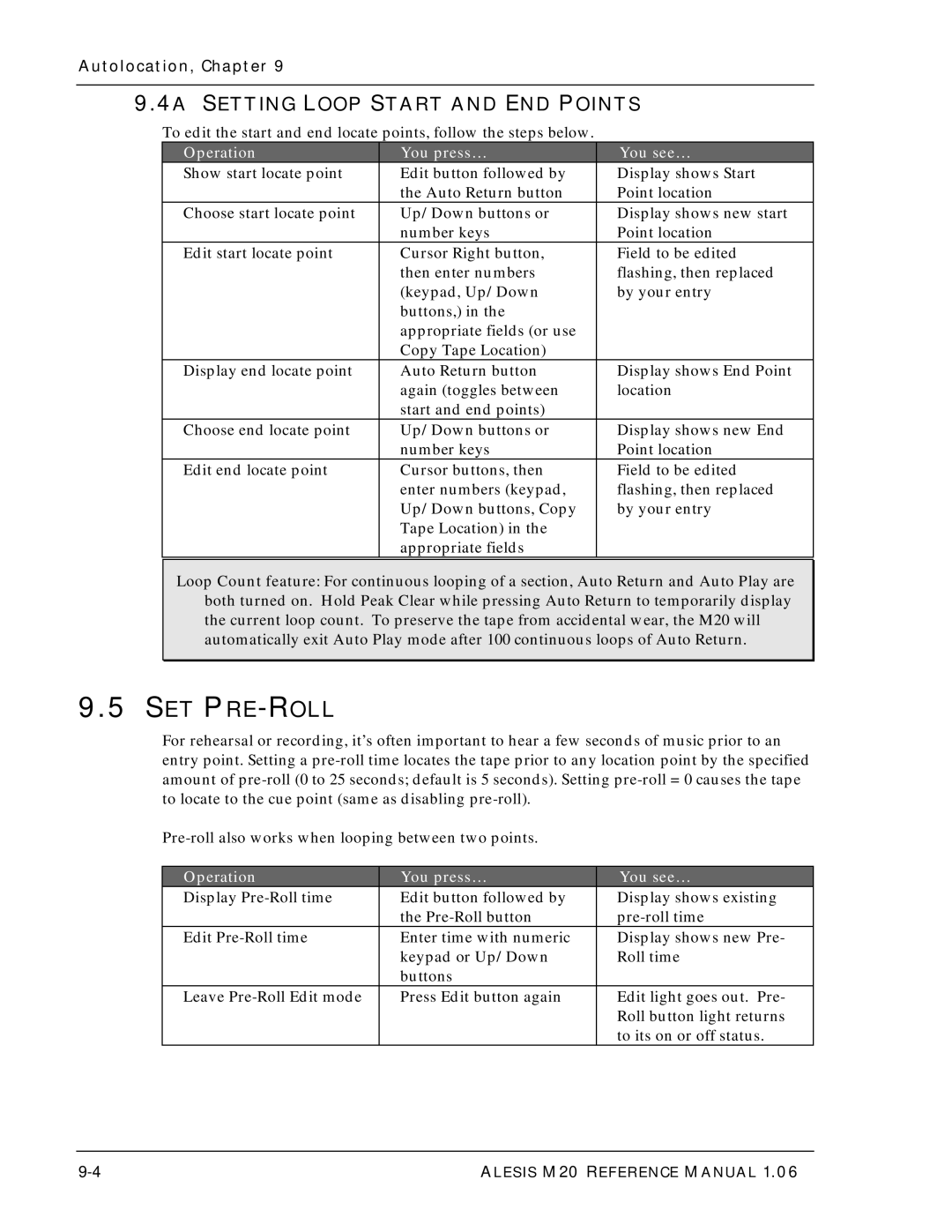 Alesis ALESIS M20 owner manual Set Pre-Roll, 4A Setting Loop Start and END Points 