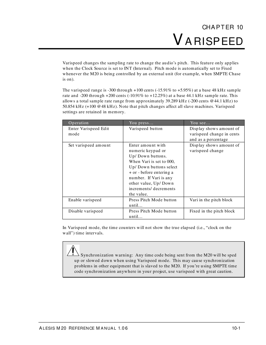 Alesis ALESIS M20 owner manual Varispeed, 10-1 