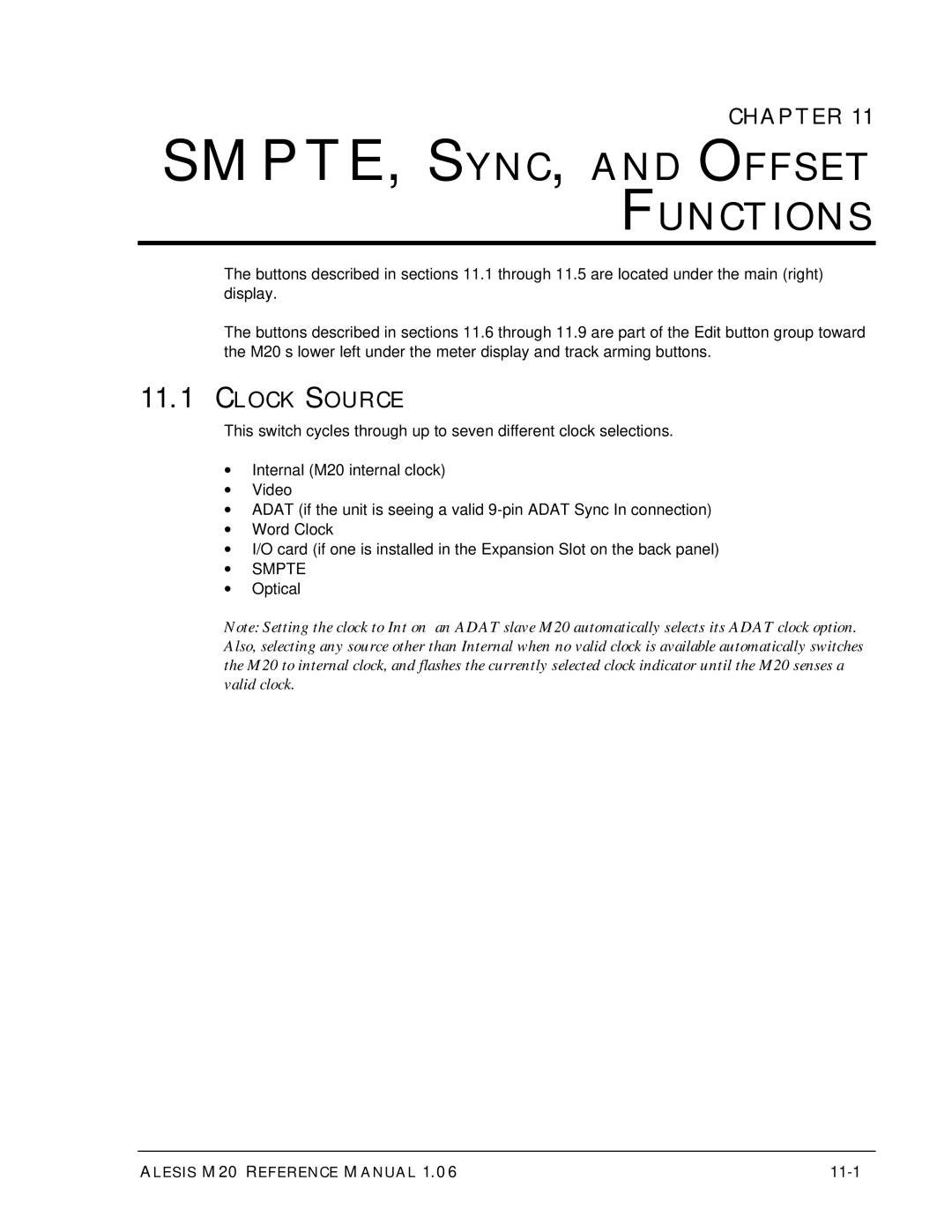 Alesis ALESIS M20 owner manual SMPTE, SYNC, and Offset Functions, Clock Source, 11-1 