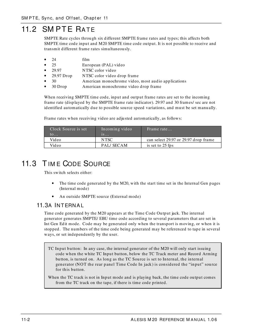 Alesis ALESIS M20 owner manual Smpte Rate, Time Code Source, 11.3A Internal, SMPTE, Sync, and Offset, Chapter, 11-2 