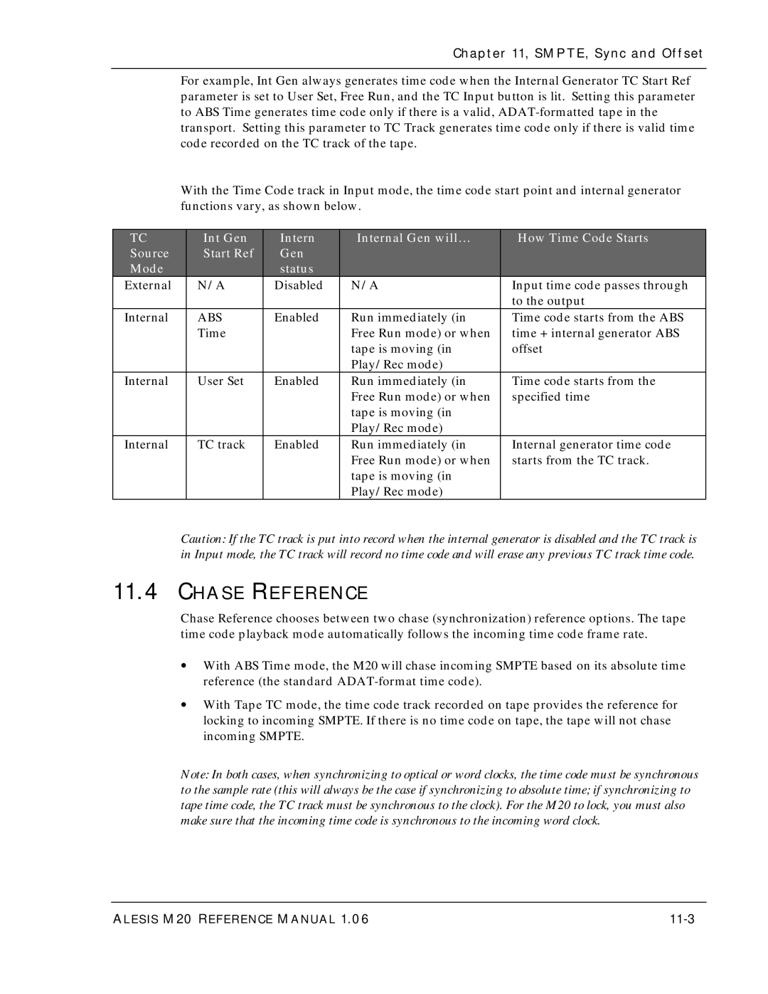 Alesis ALESIS M20 owner manual Chase Reference, SMPTE, Sync and Offset, 11-3 