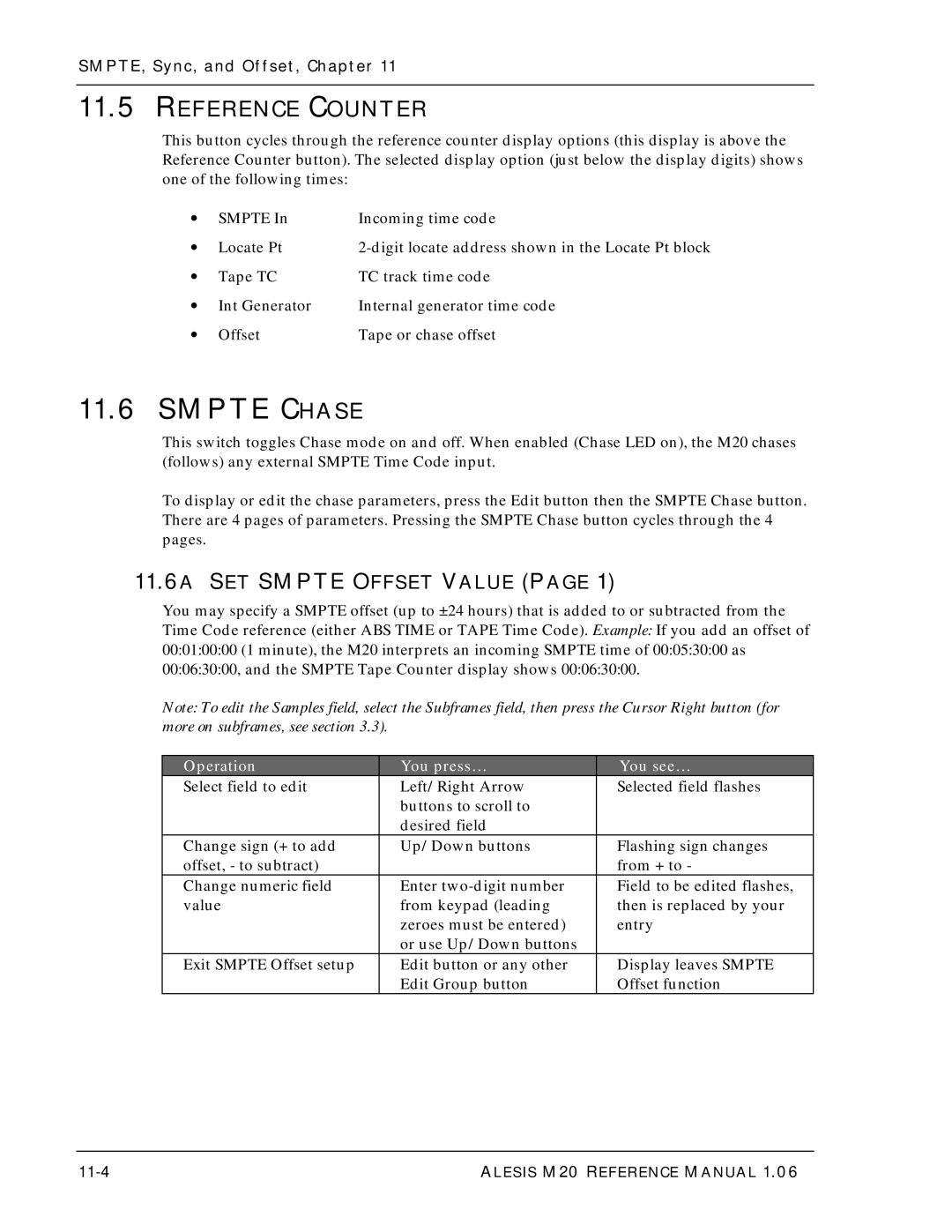 Alesis ALESIS M20 owner manual Smpte Chase, Reference Counter, 11.6A SET Smpte Offset Value, 11-4 