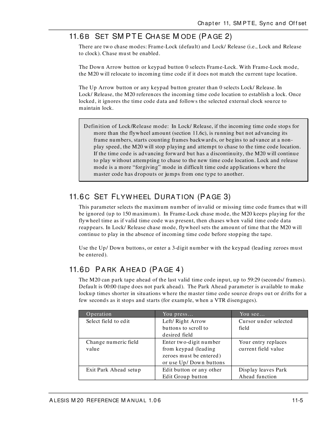 Alesis ALESIS M20 owner manual 11.6B SET Smpte Chase Mode, 11.6C SET Flywheel Duration, 11.6D Park Ahead, 11-5 