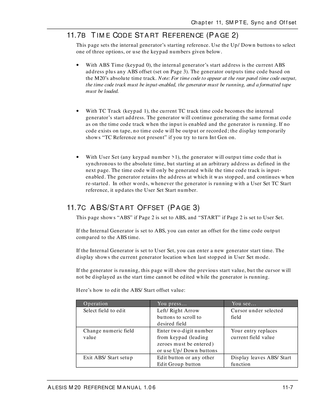 Alesis ALESIS M20 owner manual 11.7B Time Code Start Reference, 11.7C ABS/START Offset, 11-7 