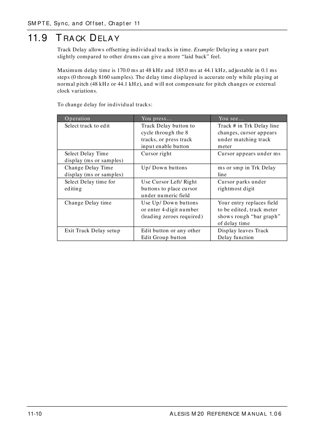 Alesis ALESIS M20 owner manual Track Delay, 11-10 