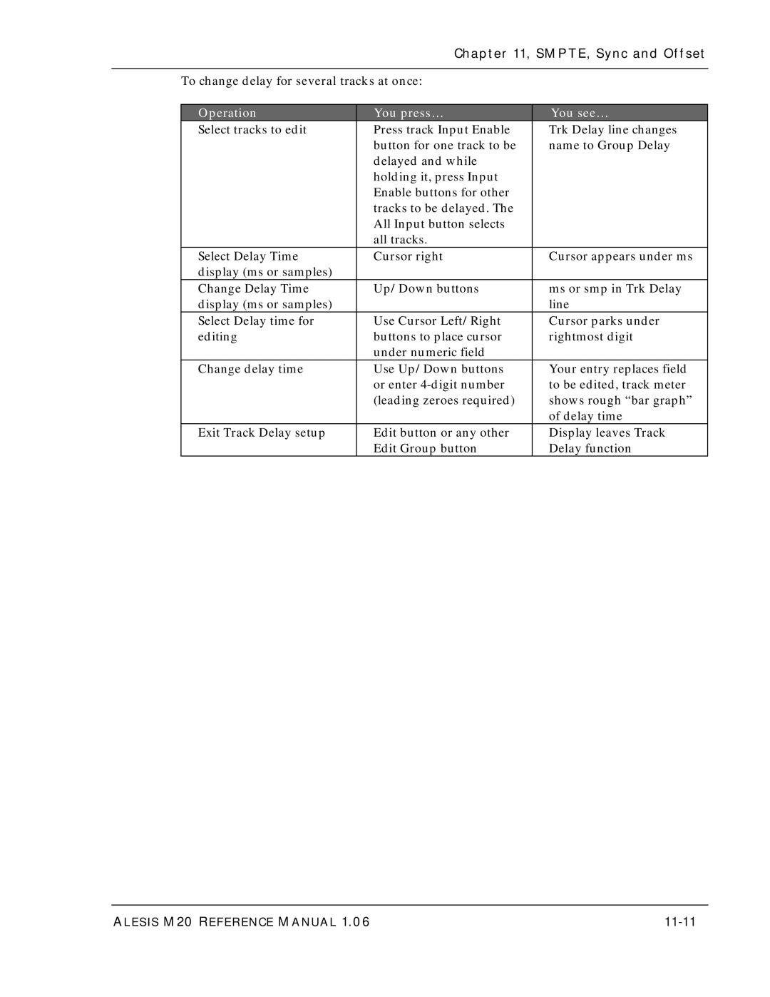 Alesis ALESIS M20 owner manual To change delay for several tracks at once, 11-11 