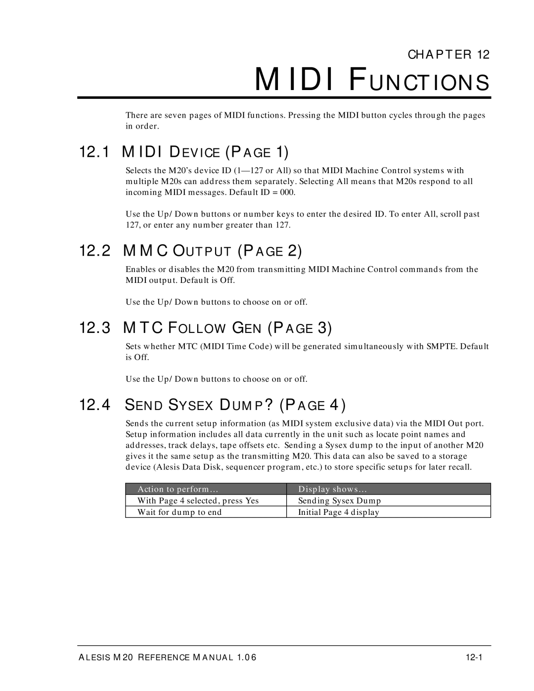 Alesis ALESIS M20 owner manual Midi Functions, Midi Device, MMC Output, MTC Follow GEN, Send Sysex DUMP? 